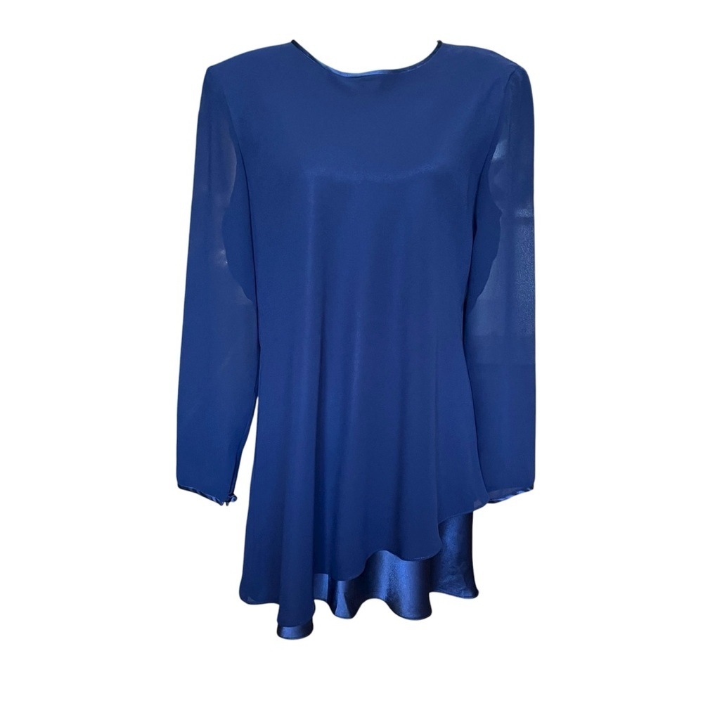 Vintage Cache Tunic Blouse Size Large Navy Blue Asymmetrical Shoulder Pads Party